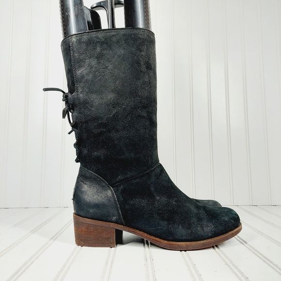 UGG Cary Black Nubuck Leather Back Lace Block Heel Mid Calf Boots D1018 - Picture 5 of 12